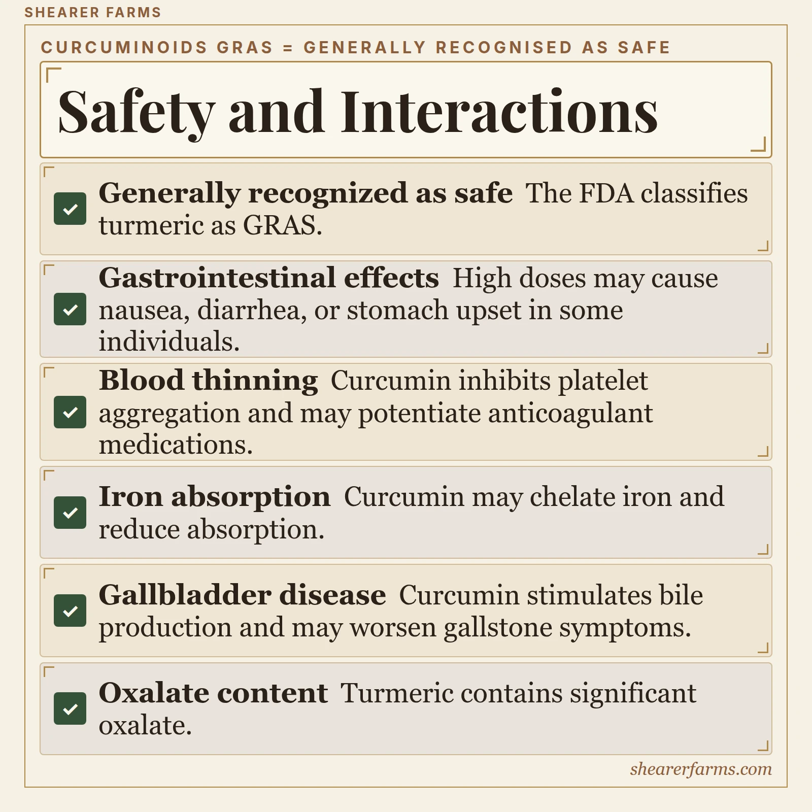 Safety and Interactions. Generally recognized as safe; Gastrointestinal effects; Blood thinning; Iron absorption; Gallbladder disease; Oxalate content.